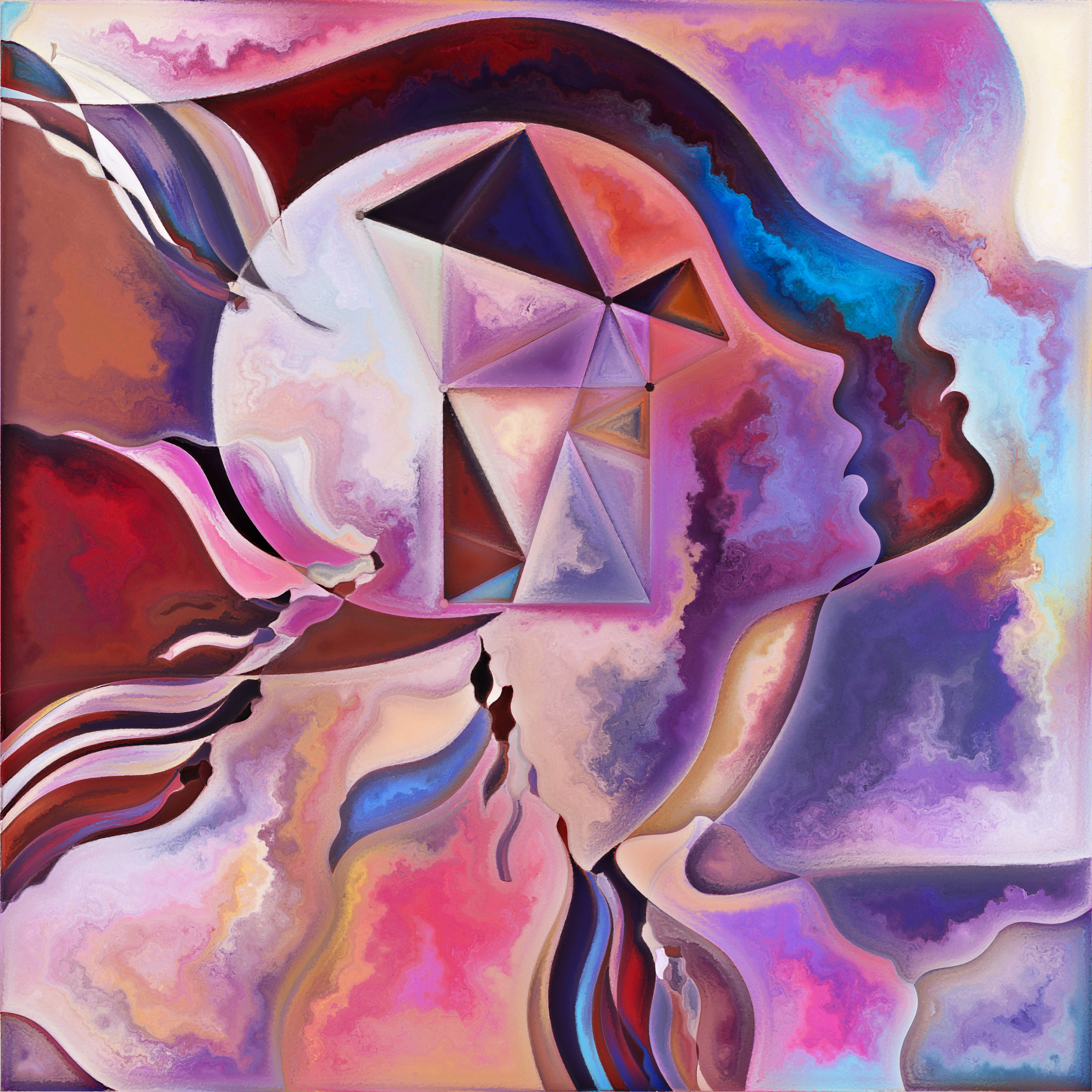 Vivid Minds. Colors In Us series. Abstract design made of human silhouettes, art textures and colors interplay relevant for life, drama, poetry and perception