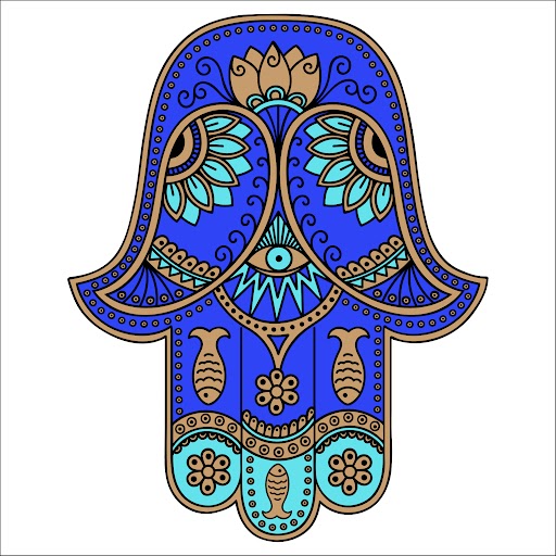 graphic image of a hamsa in royal blue, turquoise and gold